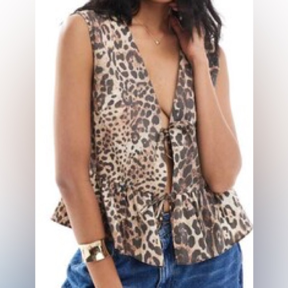ASOS DESIGN Leopard Print Puff Sleeve Tie-Front Blouse Top